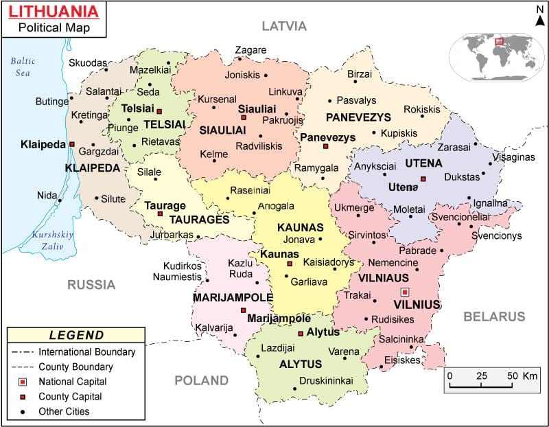 Карта Литвы политическая